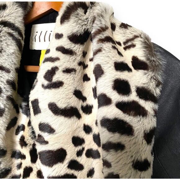Y2k illia Cropped Black Leather Jacket Leopard Print Rabbit Fur Collar Sz 4/XS - Picture 7 of 12